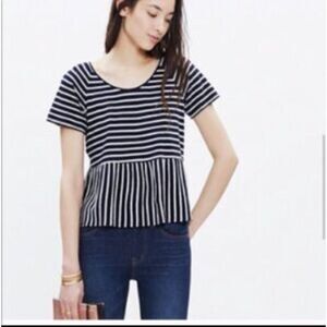 Madewell Linen Cotton Blend Striped Nautical Peplum Waist T Shirt Womens Size M